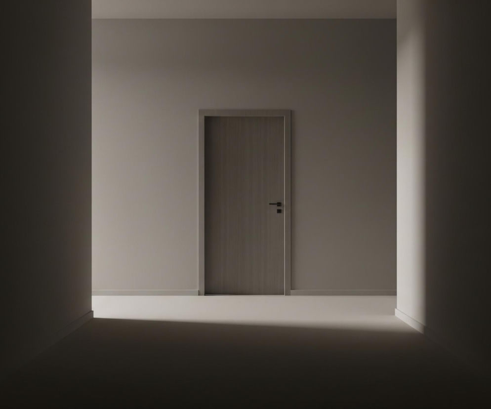 Wąski korytarz lub przejście z jasnoszarą, drewnianą parą drzwi na końcu centralnej ściany. Boki korytarza są ciemnobrązowe, kontrastując z jaśniejszymi odcieniami szarości ścian i podłogi w dalszej części. Po prawej stronie, na bocznej ścianie, widoczna jest pionowa smuga światła, rozciągająca się od sufitu do podłogi, a na podłodze leży również rozjaśniony pas światła, co sugeruje źródło światła z prawej strony kadru.