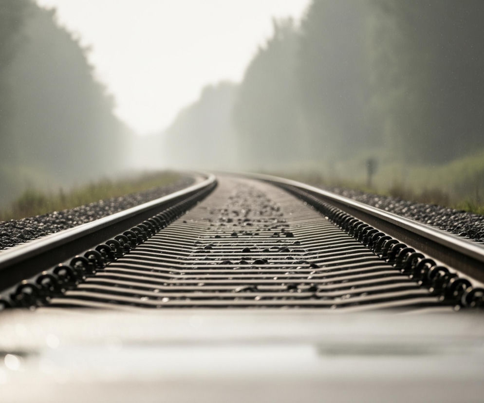 Dwa równoległe tory kolejowe, zbudowane z metalowych szyn, biegną w głąb kadru, delikatnie zakrzywiając się w prawo w oddali. Szyny ułożone są na drewnianych podkładach, między którymi widać drobne kamienie, tworzące torowisko. Wzdłuż torów, po obu stronach, rozciąga się zielona, niewyraźna roślinność, która w oddali przechodzi w ciemne sylwetki drzew, zanurzone w gęstej, jasnej mgle lub oparach. Powietrze jest nasycone drobnymi, jasnymi kropelkami lub pyłkami, szczególnie widocznymi w górnej części obrazu. Całość utrzymana jest w stonowanych barwach szarości, zieleni i bieli, z jasnym rozświetleniem w centrum i ciemniejszymi krawędziami.