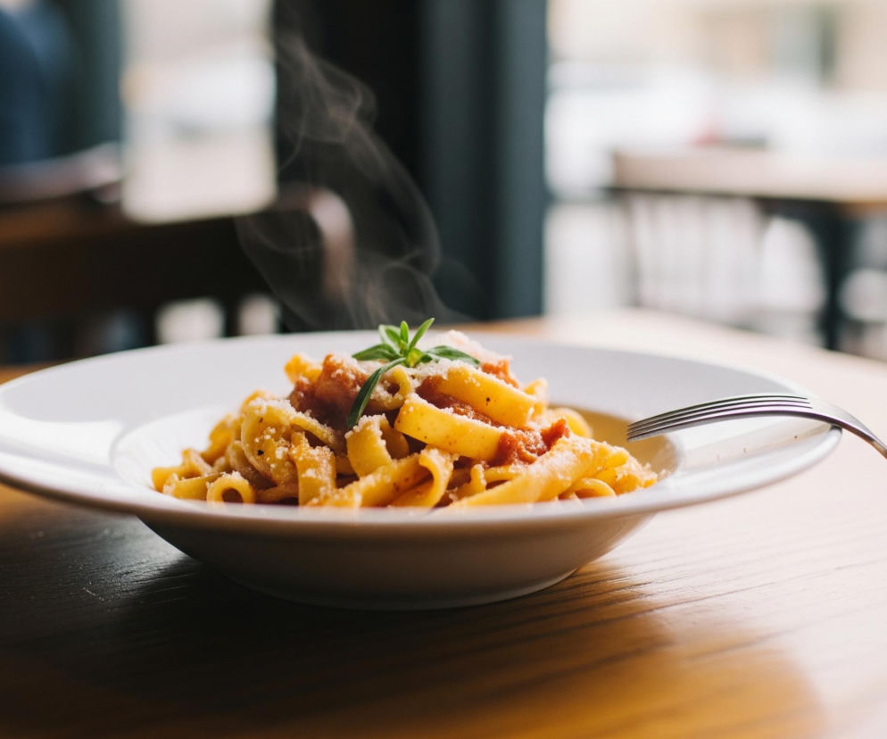 Biały talerz z makaronem pappardelle w sosie pomidorowym posypanym startym serem i świeżą gałązką ziół zajmuje centralną część obrazu. Z makaronu unosi się delikatna para, widoczna w górnej części talerza. Obok talerza, po prawej stronie, leży srebrny widelec. Danie stoi na drewnianym blacie stołu, który jest częściowo oświetlony, a częściowo zacieniony, tworząc brązowo-czarny gradient. W tle, rozmyte, widać wnętrze restauracji z ciemnymi krzesłami i jasnym światłem wpadającym przez okno.