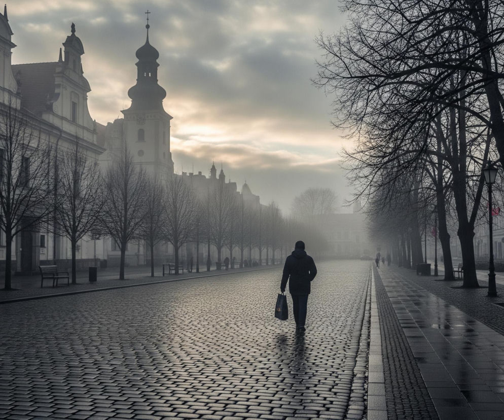 Mężczyzna idzie brukowaną ulicą w pochmurny dzień, niosąc ciemną torbę w lewej ręce. Ulica jest otoczona po obu stronach drzewami bez liści i zabytkowymi budynkami, z których jeden wyróżnia się wieżą kościelną z cebulastą kopułą i krzyżem na szczycie po lewej stronie. Szaro-żółte niebo z widocznymi promieniami słońca nadaje scenerii nieco melancholijny, choć momentami rozświetlony charakter.