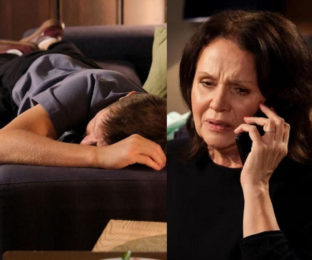 Paweł Zduński leżący nieprzytomny na kanapie i Marysia Rogowska rozmawiająca przez telefon z zatroskaną miną. Zdjęcia z serialu M jak miłość ilustrujące dramatyczne wydarzenia z 1926 odcinka, które czytelnicy poznają na portalu Super Seriale.