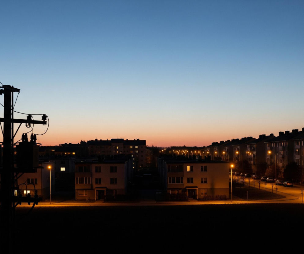 Centralnie po lewej stronie znajduje się ciemna sylwetka słupa energetycznego z transformatorami i kablami, które biegną poziomo w lewą stronę kadru. W tle rozciąga się miejski krajobraz z szeregiem budynków mieszkalnych oświetlonych ciepłym, żółtym światłem z okien i latarni ulicznych, które tworzą długie cienie na drodze. Horyzont na tle stopniowo zmienia się od ciemnego pomarańczu przy ziemi do błękitu przechodzącego w granat na górze obrazu. Całość tworzy scenę zmierzchową lub świtową, z dominującymi barwami niebieskimi, pomarańczowymi i czarnymi.