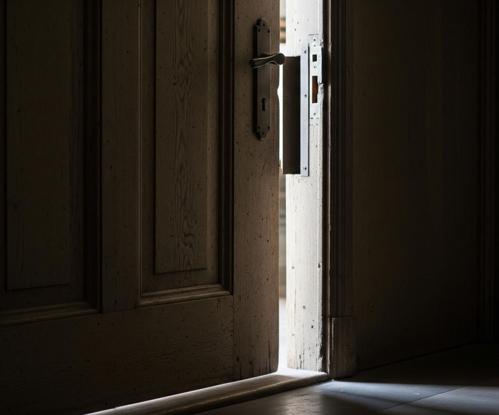 Drzwi z jasnego drewna, częściowo otwarte, są głównym elementem obrazu. Na lewo widoczna jest mosiężna klamka i szyld z otworem na klucz. Pomiędzy otwartymi drzwiami przebija się pionowa smuga jasnego światła, która rozświetla futrynę i fragment podłogi, tworząc wyraźny kontrast z ciemnym otoczeniem. Reszta pomieszczenia po prawej stronie jest pogrążona w ciemności, jedynie na podłodze widoczne są subtelne odblaski światła.