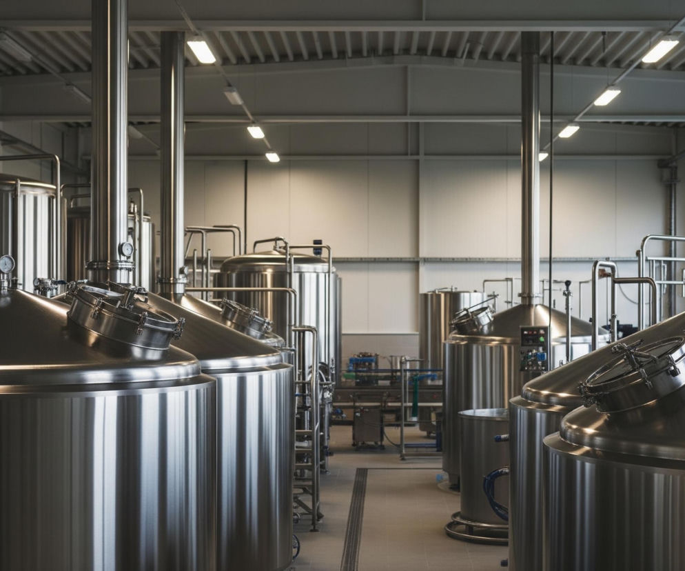 Rzędy dużych, pionowych zbiorników ze stali nierdzewnej wypełniają przestronną halę przemysłową. Zbiorniki mają cylindryczne korpusy i stożkowate, błyszczące wierzchy, wyposażone w okrągłe włazy z zatrzaskami oraz małe manometry. Liczne rury i poręcze również wykonane z metalu łączą poszczególne elementy, tworząc kompleksową sieć. W tle widoczne są białe ściany, a na suficie zamontowane są poziome belki z rzędami jasnych lamp.