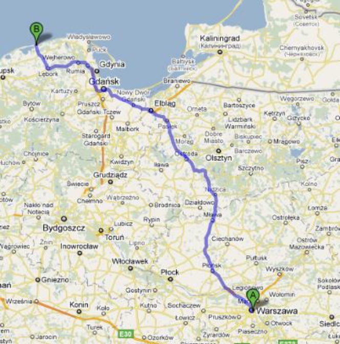 Trasa E77 Warszawa-Łeba - mapka