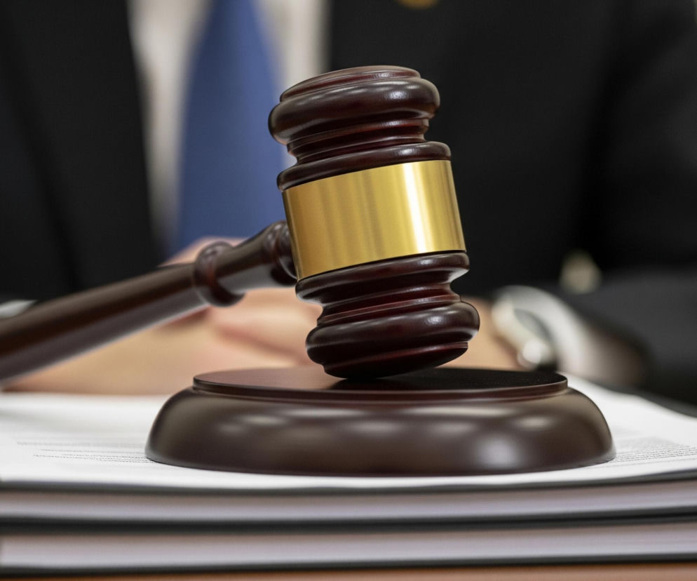 Drewniany młotek sędziowski z błyszczącym, złotym elementem na głowicy spoczywa na ciemnobrązowej podstawie, która z kolei leży na stosie dokumentów w czarnych teczkach. W tle widać fragment osoby ubranej w ciemną marynarkę, białą koszulę i niebieski krawat, z lekko widocznymi rękami. Całość znajduje się na brązowym, drewnianym blacie, a oświetlenie tworzy delikatne refleksy na młotku i podkreśla jego brązowy kolor.