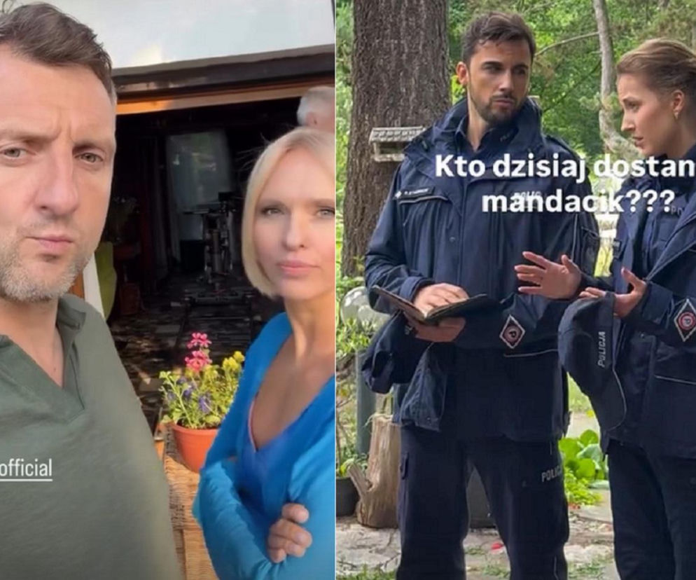 Kolaż zdjęć z planu M jak miłość. Po lewej aktor Arkadiusz Smoleński i Iwona Rejzner w trakcie nagrywania selfie, a po prawej Dominika Suchecka i Jakub Kucner w strojach policyjnych z kajecikiem. Więcej o nowym sezonie M jak miłość na Super Seriale.