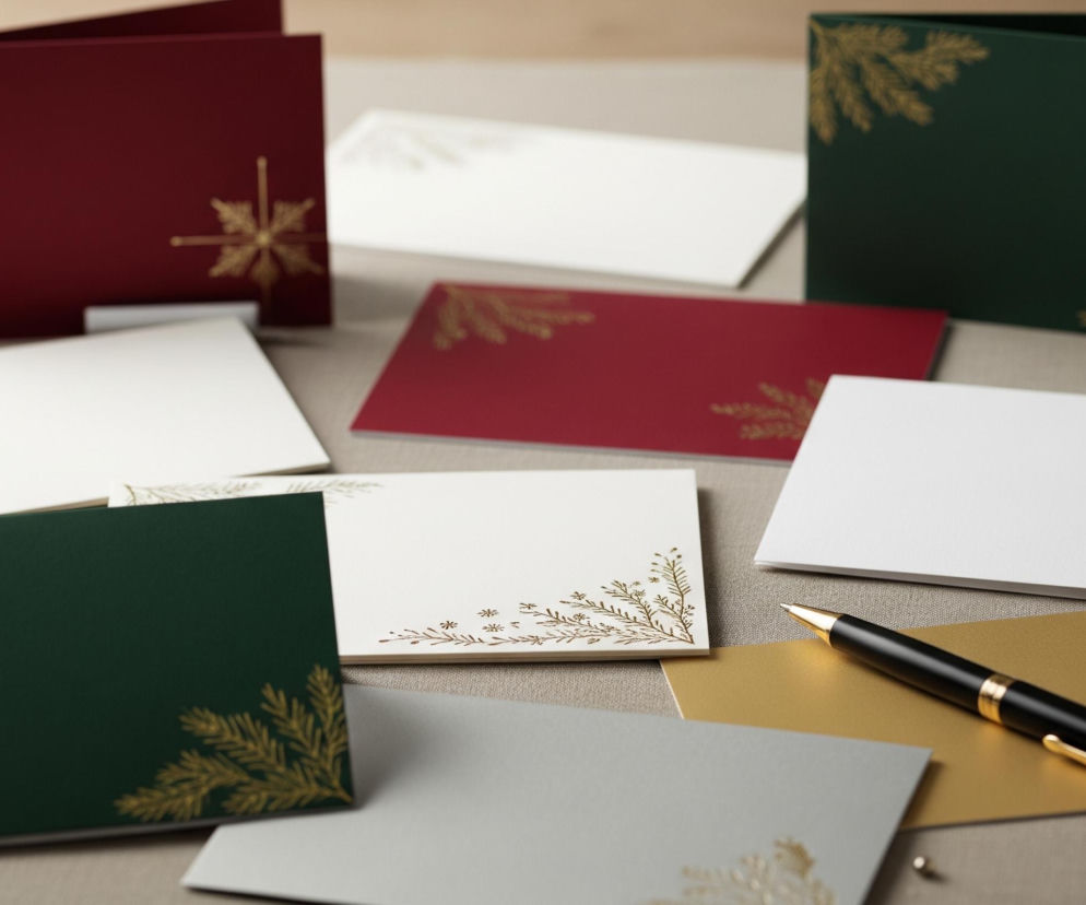 Kompozycja złożona z wielu świątecznych kartek i kopert, rozłożonych na jasnym, tekstylnym tle. Dominują kolory bordowy, butelkowa zieleń, biały oraz złoty i srebrny. Większość kartek i kopert jest ozdobiona złotymi lub ciemnozielonymi, stylizowanymi grafikami gałązek lub płatków śniegu. Pióro w kolorze czarnym ze złotymi elementami leży na złotej kopercie w dolnej części obrazu. W tle i po lewej stronie widoczne są rozmyte zielone gałązki.