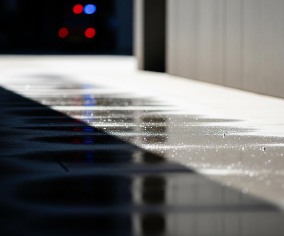 Ulica lub chodnik jest podzielony ukośną linią cienia. Po lewej stronie dominuje ciemność, a po prawej jasne, oświetlone powierzchnie. Na jasnej części chodnika widać liczne kropelki wody, błyszczące w świetle. W oddali, w ciemnej części obrazu, majaczą rozmyte, okrągłe światła: dwa czerwone u dołu i jedno czerwone z jednym niebieskim u góry. Prawa strona obrazu ukazuje pionowe, szare panele ściany, rozmyte i niewyraźne.