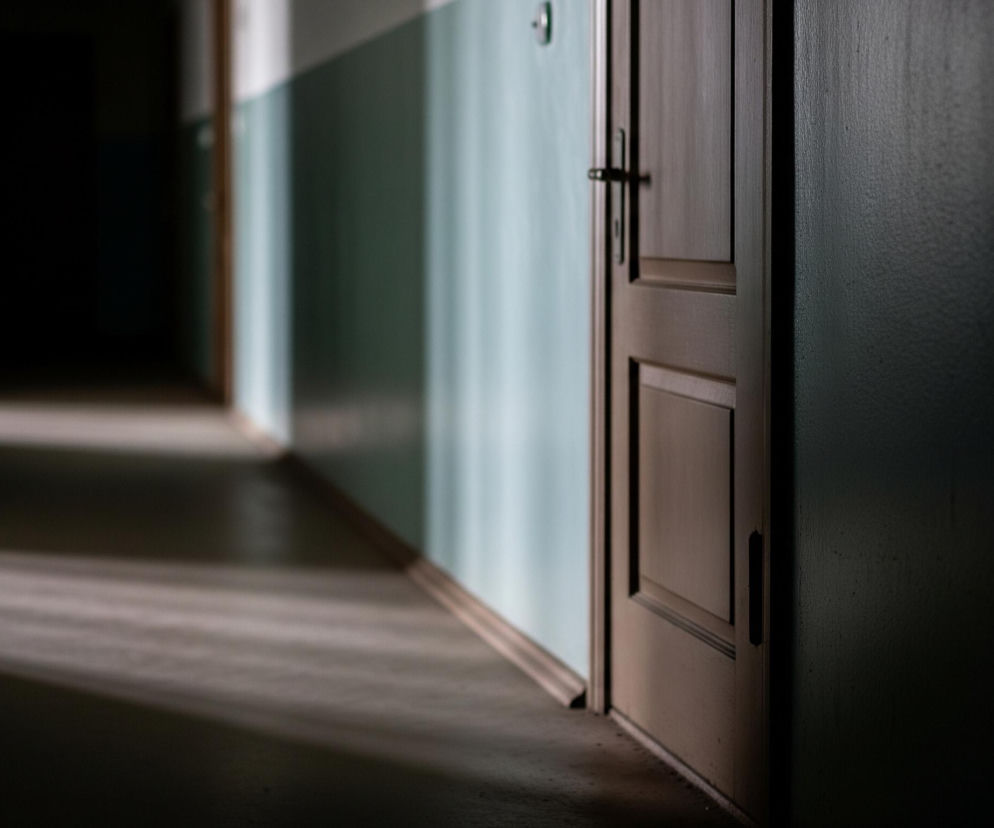 Główne elementy zdjęcia to długi korytarz z drzwiami po prawej stronie. Ściany korytarza pomalowane są na dwa kolory: górna część jest biała, a dolna ciemnozielona, rozdzielone wyraźną linią na wysokości około jednej trzeciej ściany. W oddali korytarz staje się coraz ciemniejszy, niemal czarny, sugerując długość i potencjalnie słabe oświetlenie.

Prawa strona obrazu jest zdominowana przez ciemnobrązowe drzwi z czarną klamką, częściowo zacienione. Fragmenty podłogi w korytarzu są oświetlone smugami światła, tworząc wyraźne cienie i wzory, które podkreślają perspektywę i prowadzą wzrok w głąb korytarza. Całość tworzy nastrojowy, nieco tajemniczy widok.