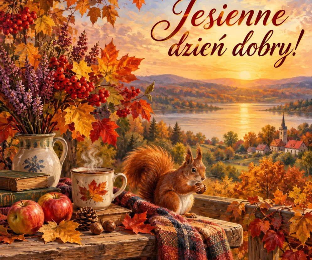 Wiewiórka na stole obok gorącego napoju i jesiennych liści. O kartkach na dzień dobry przeczytasz na Eska2.