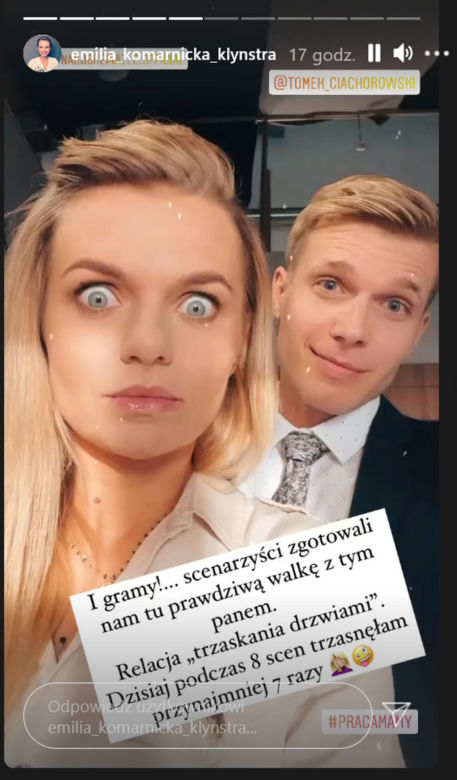 Emilia Komarnicka-Klynstra (Agata), Tomasz Ciachorowski (Maks Beger) na planie "Na dobre i na złe"