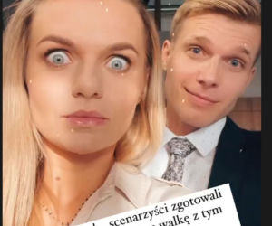 Emilia Komarnicka-Klynstra (Agata), Tomasz Ciachorowski (Maks Beger) na planie Na dobre i na złe