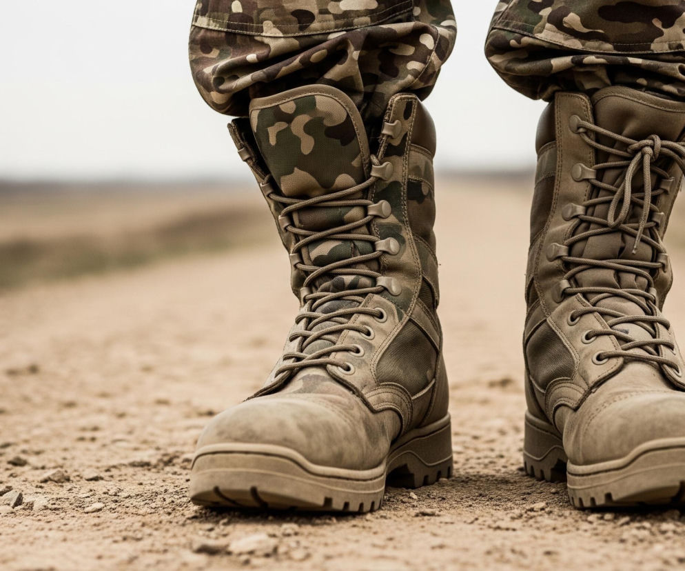 Dwa wysokie, wojskowe buty koloru khaki, z mocno zaciśniętymi sznurówkami, stoją na ziemi pokrytej luźnym piaskiem i drobnymi kamieniami. Nad butami znajdują się nogawki spodni w wojskowym kamuflażu, w odcieniach zieleni, brązu i beżu. Tło jest rozmyte, ukazując jaśniejsze niebo u góry i ciemniejszy, niewyraźny krajobraz z linią horyzontu poniżej.