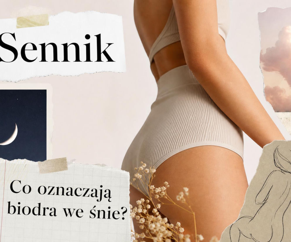 Kobieta w beżowej bieliźnie tyłem. Obok miniatury z księżycem i chmurami. O znaczeniu snu o biodrach przeczytasz na SE.