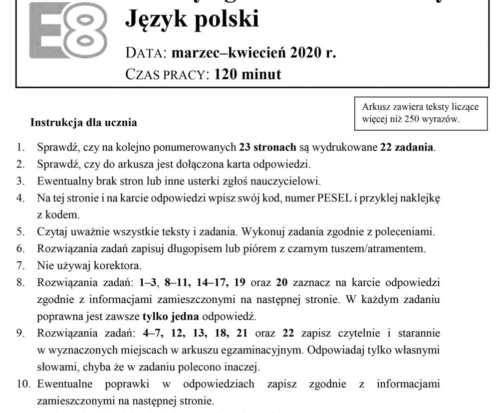 str.1 Próbny egzamin ósmoklasisty 2020. Arkusz z języka polskiego