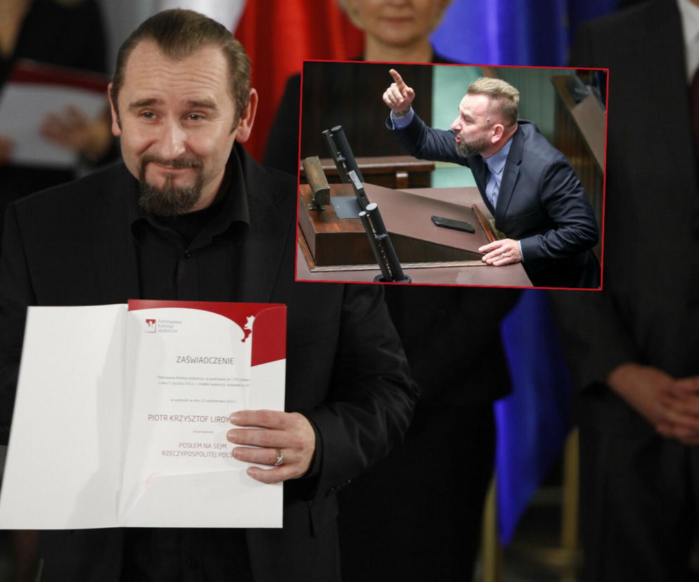 Piotr Marzec trzyma zaświadczenie o wyborze na posła. Na miniaturze obok przemawia w Sejmie. O Liroyu przeczytasz na SE.