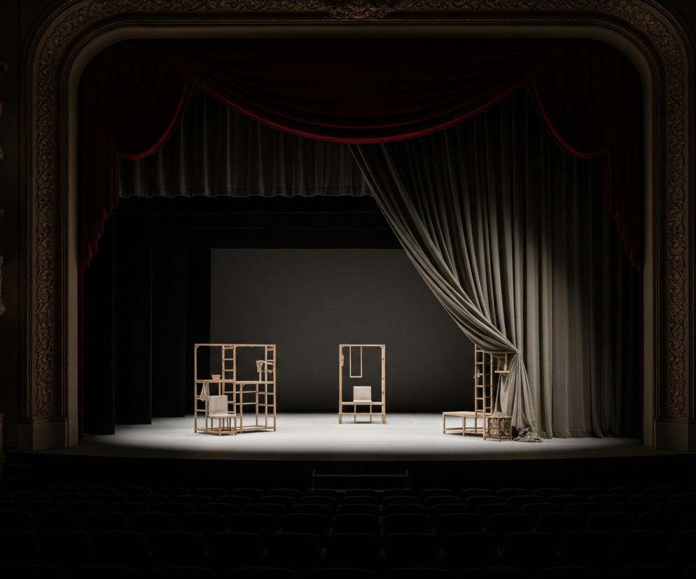 Scena teatralna oświetlona jest jasnym, centralnym snopem światła, ukazującym trzy drewniane, ażurowe konstrukcje przypominające regały, oraz trzy krzesła. Lewa konstrukcja posiada na środkowej półce brązową miseczkę i białą tkaninę przewieszoną przez niższy element, obok niej stoi krzesło z białym oparciem i siedziskiem. Środkowa konstrukcja to pionowa rama z mniejszą, prostokątną ramą wewnątrz, a po prawej stronie sceny widoczna jest kolejna, podobna konstrukcja z krzesłem.

W tle, za sceną, znajdują się ciemne, ciężkie zasłony, częściowo odsłonięte, z widoczną za nimi ciemnoszarą ścianą. Po bokach sceny widoczne są bogato zdobione złote loże balkonowe z ciemnoczerwonymi elementami, rozciągające się w górę i w dół kadru. Poniżej sceny, na pierwszym planie, widać rzędy ciemnych, pustych foteli teatralnych, pogrążonych w półmroku.