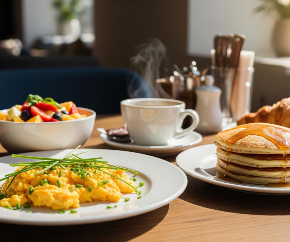 Na drewnianym stole znajduje się bogate śniadanie, składające się z kilku dań. Na pierwszym planie, po lewej stronie, leży biały talerz z puszystą jajecznicą posypaną posiekanym szczypiorkiem. Obok, na białym talerzu, widoczne są ułożone w stos puszyste naleśniki, obficie polane syropem, spływającym po ich bokach. W tle, po lewej, znajduje się biała miska pełna świeżych owoców, w tym truskawek, jagód, kawałków pomarańczy i melona, a także kubek parującej kawy na spodku, obok pojemnika na cukier i przyprawy. Po prawej stronie, obok naleśników, widać złocistego rogalika.