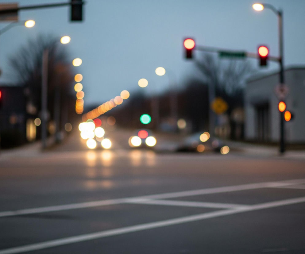 Ulica miejska o zmierzchu, z rozmyciem w tle. Na pierwszym planie widoczna jest szara asfaltowa nawierzchnia z białymi, niewyraźnymi liniami poziomymi i ukośnymi. W oddali, wzdłuż ulicy, rozciągają się rzędy zamazanych, okrągłych świateł ulicznych i lamp sygnalizacyjnych, niektóre świecące na czerwono, inne na pomarańczowo, a jedno na zielono. Po bokach drogi zarysowują się ciemne sylwetki drzew i budynków, a niebo ma odcień chłodnego błękitu przechodzącego w szarość.