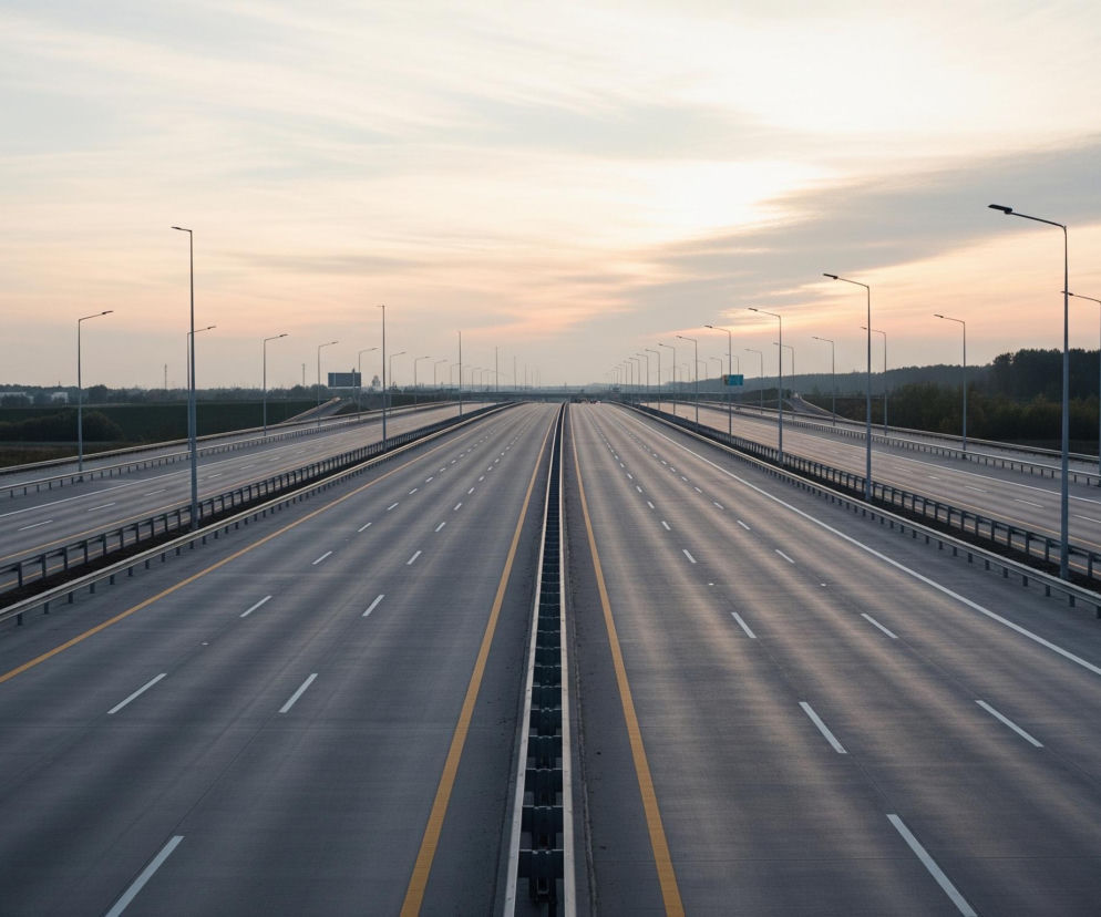 Widoczna jest szeroka, pusta autostrada składająca się z dwóch równoległych jezdni, rozdzielonych pasem zieleni z barierami energochłonnymi. Każda jezdnia posiada trzy pasy ruchu, oznaczone białymi, przerywanymi liniami, oraz ciągłe żółte linie po bokach. Wzdłuż autostrady, po obu stronach, rozmieszczone są wysokie, czarne latarnie uliczne, tworzące rzędy zbiegające się w oddali. Horyzont zamyka ciemnozielony las, a nad nim rozciąga się zachmurzone niebo w odcieniach delikatnego różu, błękitu i szarości, oświetlone promieniami słońca.