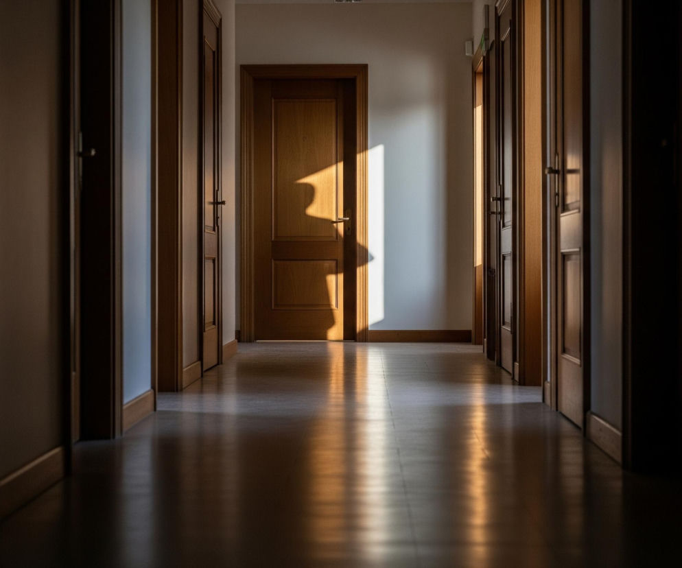 Długi, wąski korytarz z wieloma drzwiami po obu stronach rozciąga się w głąb obrazu. Drzwi wykonane są z jasnego drewna, a ich ościeżnice i listwy przypodłogowe również są w podobnym odcieniu. Na końcu korytarza, na ścianie z drzwiami w centrum, widoczna jest jasna plama światła słonecznego, która rzuca na drzwi ciemny, nieregularny cień. Światło to odbija się również na polerowanej drewnianej podłodze, tworząc świetlisty pas biegnący przez środek korytarza, a pozostałe części obrazu są zacienione, tworząc kontrast między jasnymi i ciemnymi obszarami.