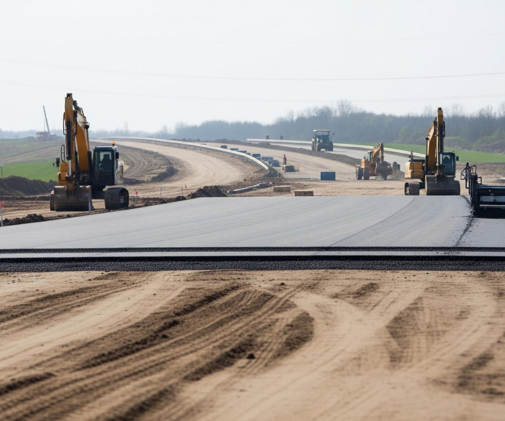 Na pierwszym planie widoczny jest plac budowy drogi, z świeżo ułożoną ciemnoszarą warstwą asfaltu pośrodku kadru, oddzielającą piaskowe podłoże z wyraźnymi śladami opon od dalszej części budowy. Po lewej stronie tej drogi stoi duża żółta koparka gąsienicowa, a po prawej widoczna jest tylna część żółtej maszyny do układania asfaltu. W tle, na zakręcającej się drodze, znajdują się kolejne maszyny budowlane: dwie mniejsze żółte koparki i zielony walec, a także stosy ziemi i zielone pola z drzewami na horyzoncie. Niebo jest jasne i bezchmurne, a po lewej stronie horyzontu widać wysoką kratową wieżę energetyczną.