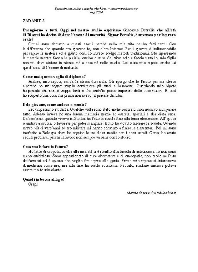 Matura 2014 Język Włoski poziom podstawowy