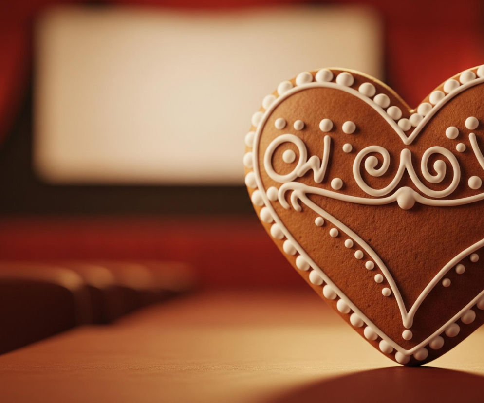 Piernik w kształcie serca, bogato udekorowany białym lukrem, stoi na pierwszym planie po prawej stronie. Kontury serca zdobi rząd białych kuleczek z lukru, a jego powierzchnię wypełniają spiralne wzory i kropki. Tło stanowi rozmazana scena wnętrza kina, z widocznym jasnym ekranem w centralnej części, otoczonym czerwonymi zasłonami. Po lewej stronie ekranu widać rozświetloną, okrągłą lampę, a na pierwszym planie po lewej stronie znajdują się rozmyte oparcia kinowych foteli.