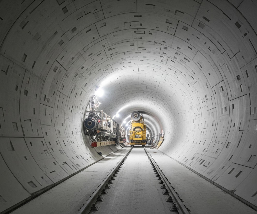 Wnętrze długiego, cylindrycznego tunelu zbudowanego z jasnoszarych, modułowych paneli betonowych, widoczne z perspektywy centralnej. Panele mają liczne prostokątne wgłębienia i występy, tworząc fakturę przypominającą obwody elektroniczne. Na dnie tunelu ułożone są dwa tory kolejowe, prowadzące w głąb obrazu i pokryte cienką warstwą jasnego pyłu. Po lewej stronie torów, wzdłuż ściany tunelu, znajduje się platforma, na której spoczywa ciemnoszara maszyna z rurami i cylindrycznymi elementami. Dalej, w głębi tunelu, stoi duża, żółta maszyna przypominająca pojazd budowlany, również na torach. Całość jest oświetlona jasnym, białym światłem z lamp umieszczonych na suficie tunelu, tworzącym rozświetlone punkty i cienie.