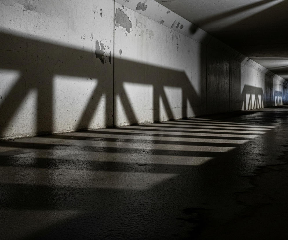 Ciemny, betonowy tunel lub przejście podziemne. Światło wpada z prawej strony i z końca tunelu, tworząc długie, geometryczne cienie na lewej ścianie i podłodze. Powierzchnie ścian są szare, popękane i odrapane, z widocznymi ciemniejszymi plamami, zaś ciemna podłoga odbija światło w niektórych miejscach. Na końcu tunelu widać jasne, białe światło oraz schody lub pochyły podjazd prowadzący w górę.