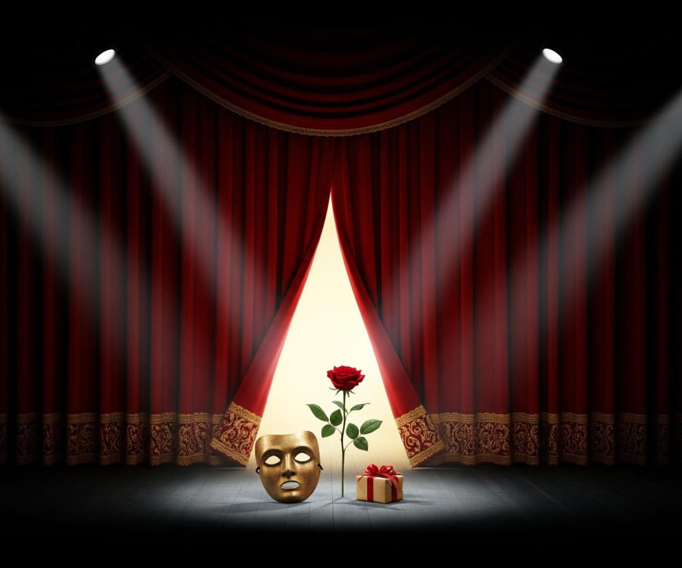 Centralną część kadru zajmuje teatralna scena, oświetlona z góry przez trzy mocne reflektory rzucające stożkowe snopy światła. Czerwona, aksamitna kurtyna, ozdobiona złotymi pasami z bogatymi, ornamentowymi wzorami, jest częściowo rozsunięta, ukazując jaśniejsze tło za nią. Na ciemnej, drewnianej podłodze sceny, w miejscu przecięcia kurtyn, stoją: złota maska teatralna z pustymi oczodołami i otwartymi ustami, wysoka czerwona róża z zielonymi liśćmi oraz małe, kwadratowe pudełko prezentowe owinięte brązowym papierem i przewiązane czerwoną wstążką z kokardą.