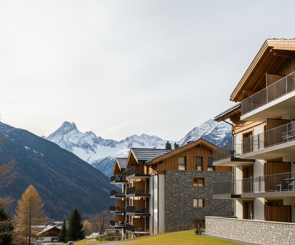 Po prawej stronie dominują nowoczesne budynki mieszkalne w alpejskim stylu, z jasnymi elewacjami, drewnianymi detalami i licznymi balkonami z metalowymi balustradami. Na pierwszym planie, po lewej stronie, stoi wysokie, iglaste drzewo o brązowych igłach, prawdopodobnie modrzew, częściowo nagie. W tle rozciąga się pasmo ośnieżonych gór, z wyraźnie widocznymi skalistymi szczytami, poniżej których widać ciemnozielone lasy iglaste. Pogoda jest pochmurna, z jasnym, prawie białym niebem.