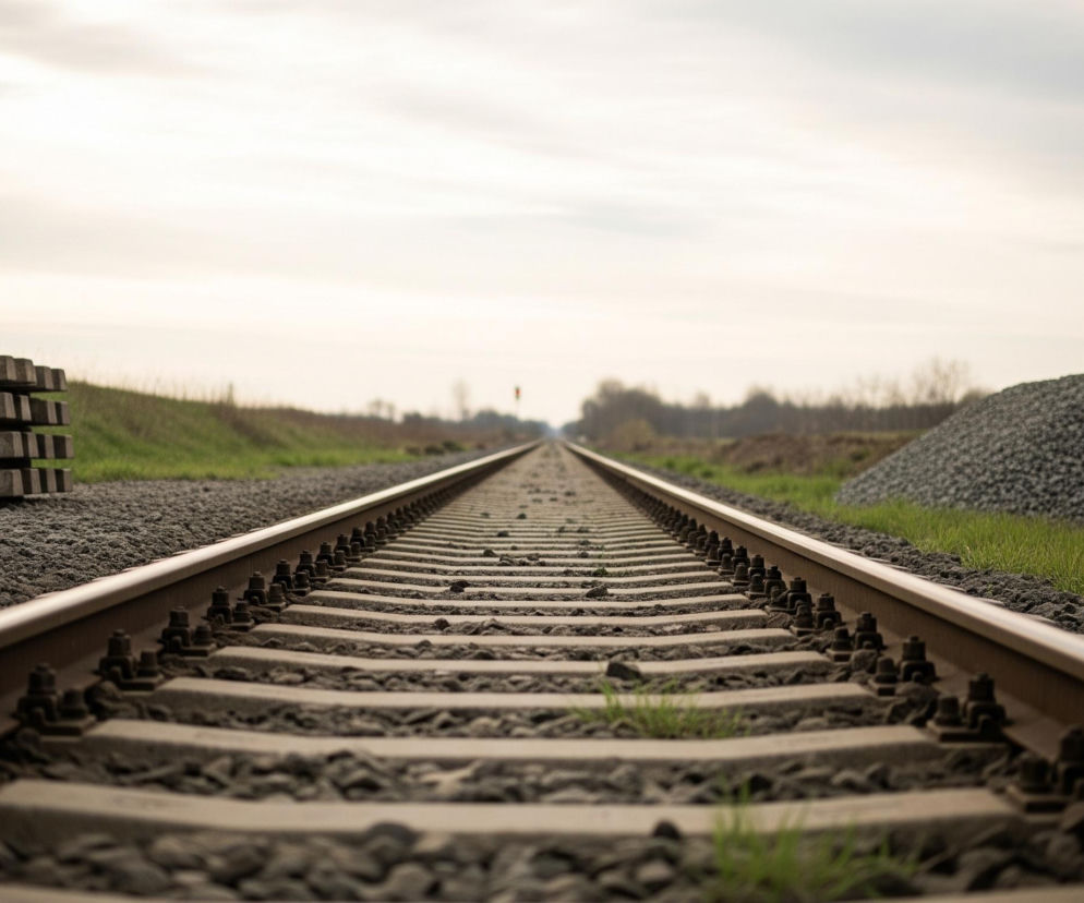 Tory kolejowe biegną prosto przez środek kadru, zbiegając się w odległym punkcie na horyzoncie. Szyny są metalowe, w kolorze rdzawym, osadzone na betonowych podkładach, a przestrzeń między nimi i wokół nich wypełniona jest szarym żwirem. Po lewej stronie torów, bliżej pierwszego planu, ułożony jest stos czterech betonowych podkładów, a dalej rozciąga się zielony nasyp porośnięty trawą. Po prawej stronie torów widoczna jest duża, szara hałda drobnych kamieni lub żwiru, a za nią również zielona trawa i niewyraźne zarysy drzew w oddali. Niebo jest jasne, częściowo zachmurzone, dominują jasne, stonowane barwy.