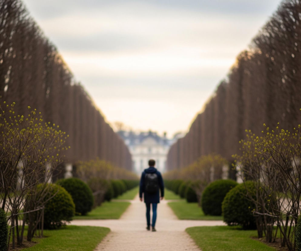 Pojedyncza osoba idzie w głąb perspektywicznego alei. Osoba ubrana jest w ciemnoniebieską kurtkę i ciemne spodnie, nosi czarny plecak i ma krótkie ciemne włosy; jej sylwetka jest nieostra, znajduje się w centrum kadru, patrząc od tyłu. Aleja, którą idzie, jest wytyczona piaszczystą ścieżką pośrodku, otoczoną pasami zielonej trawy, a następnie rzędami równo przyciętych krzewów i nagich drzew liściastych o brązowych gałęziach. W tle widać duży, jasny budynek w oddali, pod zachmurzonym, jasnym niebem.