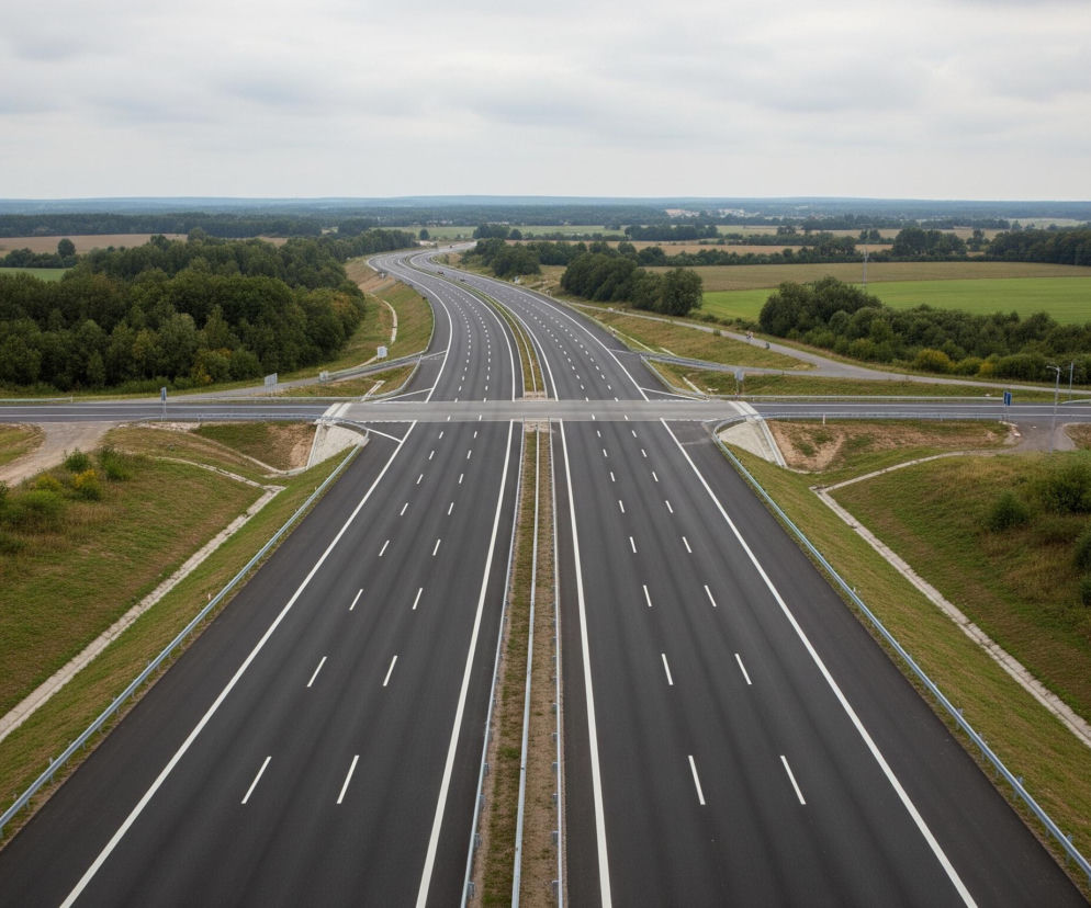 Droga ekspresowa o czterech pasach ruchu w każdym kierunku, oddzielonych szerokim pasem zieleni z barierami ochronnymi, dominuje środek kadru, biegnąc prosto w stronę horyzontu. Autostrada przecina się z inną dwupasmową drogą niższej kategorii, tworząc widoczne pośrodku wiadukt i węzeł komunikacyjny. Po obu stronach autostrady rozciągają się zielone pola uprawne i lasy liściaste, sięgające aż do odległego horyzontu pod zachmurzonym, szarym niebem. Na całej długości drogi ekspresowej widoczne są białe, przerywane i ciągłe linie pasów ruchu oraz stalowe barierki ochronne na poboczach.