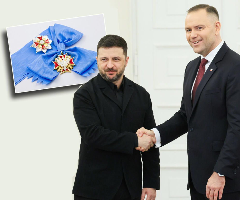 Prezydent Ukrainy Wołodymyr Zełenski i Karol Nawrocki, prezydent Polski, uściskiem dłoni na oficjalnym tle, z wkomponowanym zdjęciem Orderu Orła Białego, symbolizującym kontekst sporu o odznaczenie. Więcej o tej sprawie przeczytasz na naszym portalu.