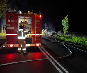 Pijany kierowca i pożar BMW na DK-63 w Suchożebrach