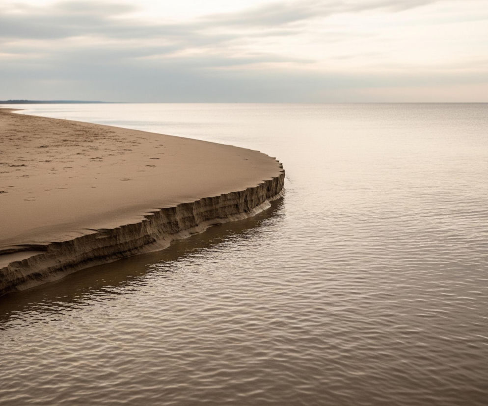Piaskowa plaża rozciąga się w lewo, tworząc ostry, erodowany brzeg styku z wodą. Brzeg ten ma wyraźne, warstwowe nierówności i ciemniejszy odcień piasku u podstawy. Woda zajmuje prawą część kadru, jest lekko pofalowana i odbija jasne, rozmyte światło z zachmurzonego nieba. Na horyzoncie, w oddali, widać ciemny pas lądu, a nad nim niebo pokryte jest szarymi chmurami, z jaśniejszymi fragmentami.
