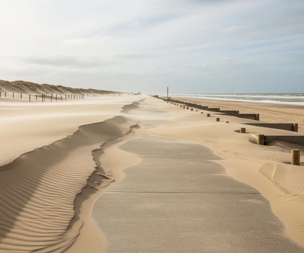 Piaszczysta plaża rozciąga się wzdłuż wybrzeża, tworząc szeroki pas piasku, który rozgranicza ląd od oceanu. Po lewej stronie wznoszą się wydmy pokryte gdzieniegdzie kępami traw, za którymi widać szereg drewnianych słupków. Środek obrazu zajmuje ścieżka, częściowo zasypana drobnym piaskiem, ukazującym faliste wzory utworzone przez wiatr. Po prawej, równolegle do ścieżki, biegnie drewniane umocnienie wzdłuż linii brzegowej, oddzielające plażę od wzburzonego oceanu, którego fale z białą pianą docierają do brzegu pod pochmurnym niebem.