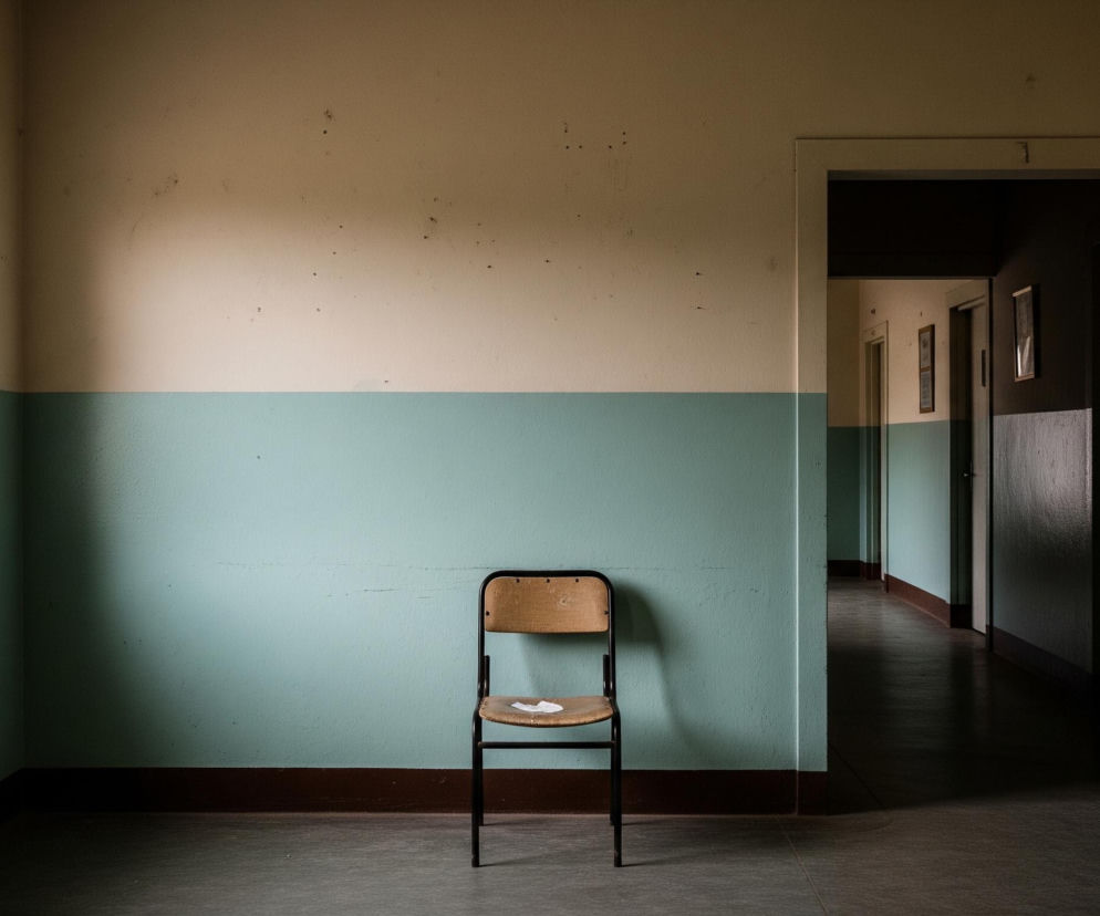Na środku pomieszczenia, na wprost widza, stoi drewniane krzesło z czarnym metalowym stelażem. Krzesło ma jasną, brązową deskę oparcia i siedzenia, na którym leży mały, zgnieciony kawałek białego papieru. Pomieszczenie ma ściany pomalowane na dwa kolory: górna część jest beżowa, a dolna, od poziomu krzesła w dół, jest turkusowa; na styku kolorów widać delikatne zabrudzenia.

W lewej części obrazu znajduje się prostokątne okno z wieloma małymi szybami, przez które wpada jasne światło, częściowo oświetlając lewą ścianę i podłogę. W prawej części obrazu widoczne jest otwarte przejście do długiego, ciemnego korytarza, gdzie można dostrzec kolejne drzwi i fragmenty ścian w podobnych kolorach, jednak z wyraźnym cieniem. Podłoga w całym pomieszczeniu jest jednolicie szara, z ciemnym brązowym paskiem przy ścianach.