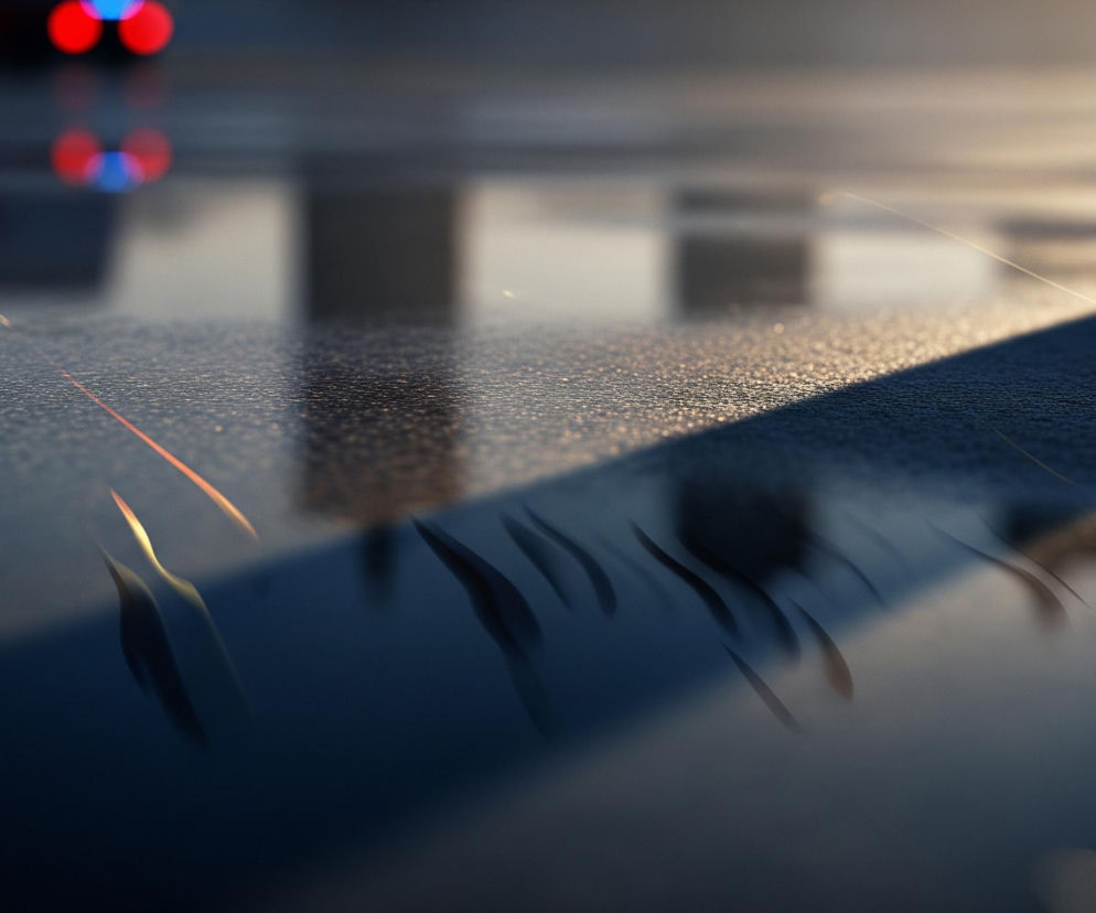 Ciemną, deszczową drogę lub asfaltową powierzchnię z odbiciami światła. Na pierwszym planie widoczne są drobne kropelki wody, lśniące w złocistym świetle, które rozciąga się od prawej do środkowej części kadru. Po lewej stronie górnej części obrazu, w tle, widoczne są niewyraźne, rozmyte czerwone i niebieskie światła, przypominające światła samochodu, odbijające się również na mokrej nawierzchni. Pośrodku i na dole kadru, na ciemnej powierzchni, pojawiają się nieregularne, wydłużone, blade kształty, sugerujące smugi lub refleksy świetlne.