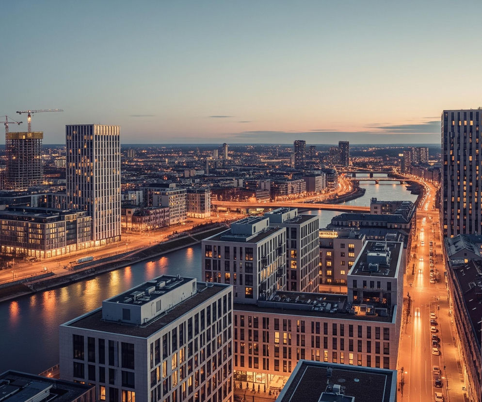 Panoramę miasta o zmierzchu dominuje rzeka przecinająca kadr, wzdłuż której rozciąga się szereg nowoczesnych, wielopiętrowych budynków o geometrycznych fasadach z licznymi, jasno oświetlonymi oknami. Po lewej stronie widać plac budowy z trzema wysokimi dźwigami i częściowo ukończonymi wieżowcami, również rozświetlonymi pomarańczowym blaskiem. Ulice biegnące równolegle do rzeki są jasno oświetlone latarniami i światłami samochodów, tworząc smugi światła, a ich odbicia malują się na ciemnej tafli wody. W tle rozciąga się miejski krajobraz z niezliczonymi światłami, a horyzont ukazuje delikatne odcienie pomarańczu i błękitu przechodzące w ciemniejszy, granatowy kolor nieba.