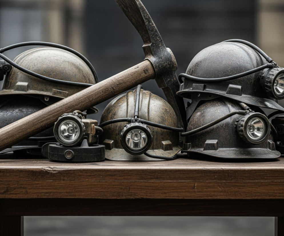 Na drewnianym, ciemnobrązowym blacie stołu leży sześć starych, metalowych kasków górniczych, ułożonych w trzech rzędach po dwa. Kaski mają różnorodne odcienie szarości i brązu, z widocznymi śladami zużycia i rdzy. Każdy kask wyposażony jest w czołową lampę z okrągłym, szklanym kloszem i metalową obudową, połączoną przewodami z baterią lub zasilaczem umieszczonym z tyłu kasku. Przez środek kompozycji, od lewej dolnej części do prawej górnej, ukośnie ułożony jest kilof z drewnianym trzonkiem i metalowym ostrzem, które przechodzi za kaskami. Tło jest rozmyte, ciemnoszare, sugerując wnętrze jakiegoś pomieszczenia.