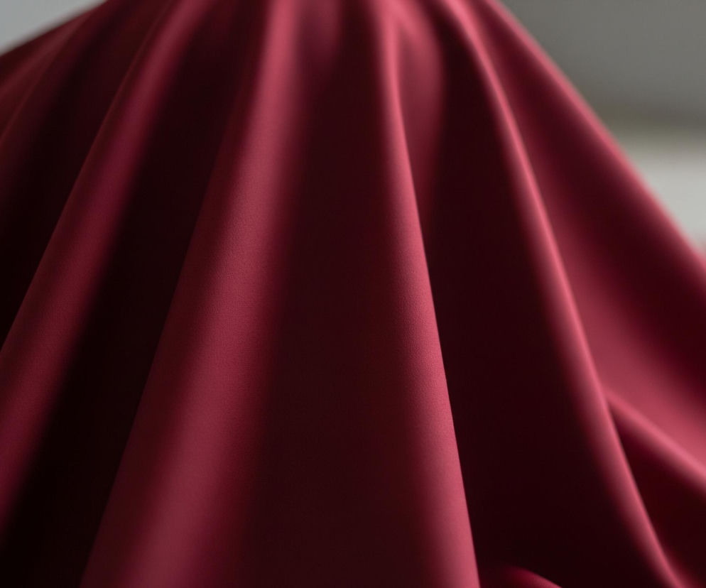 Na pierwszym planie, centralnie, widnieje drapowana tkanina w kolorze burgundowym lub ciemnoczerwonym, tworząca liczne fałdy i załamania. Materiał układa się w miękkie, płynne kształty, z jaśniejszymi obszarami na wierzchołkach fałd i ciemniejszymi w zagłębieniach, co podkreśla jego teksturę i trójwymiarowość. Tło jest rozmyte, ukazując jaśniejsze, neutralne barwy, które lekko kontrastują z intensywnym kolorem tkaniny.