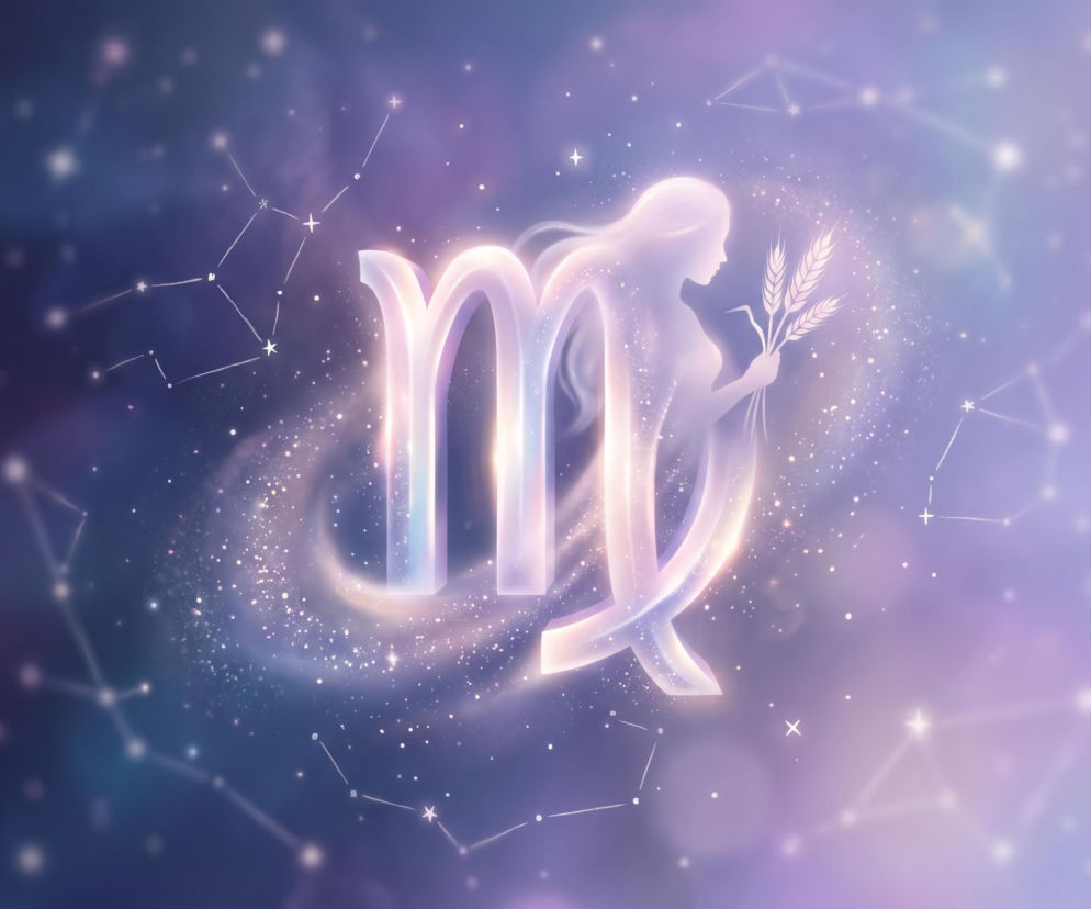 Świecący symbol zodiaku Panna na tle kosmosu. O horoskopie dla tego znaku przeczytasz na Eska.