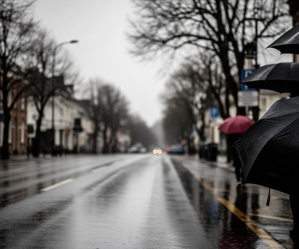 Na pierwszym planie, po prawej stronie kadru, widać trzy osoby trzymające parasole, z których dwa są czarne i pokryte drobnymi kroplami deszczu. Jedna z tych osób ma również bordowy parasol, częściowo widoczny za czarnym. Dalej rozciąga się ulica pokryta deszczem, z widocznymi odbiciami świateł i otaczających budynków, prowadząca w głąb kadru. Po obu stronach ulicy stoją drzewa bez liści i budynki, z których część ma jasne fasady. Na końcu ulicy majaczą dwa jasne światła samochodowe.