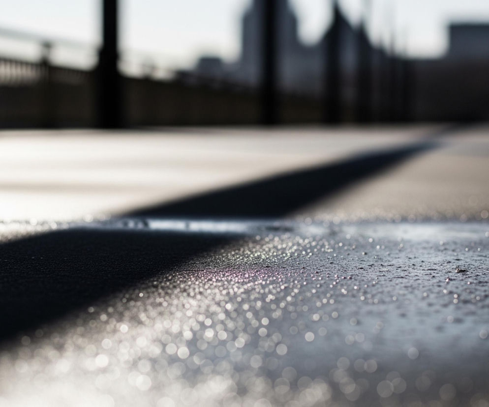 Na pierwszym planie widoczna jest mokra powierzchnia, pokryta licznymi drobnymi kroplami wody, które odbijają światło, tworząc efekt bokeh. Przez centrum kadru przebiega ukośny cień o ciemnoszarym odcieniu, oddzielający jaśniejszą, oświetloną część od ciemniejszej. W tle rozciąga się rozmyty widok miejski z niewyraźnymi sylwetkami budynków i barierek, skąpany w jasnym, rozproszonym świetle.