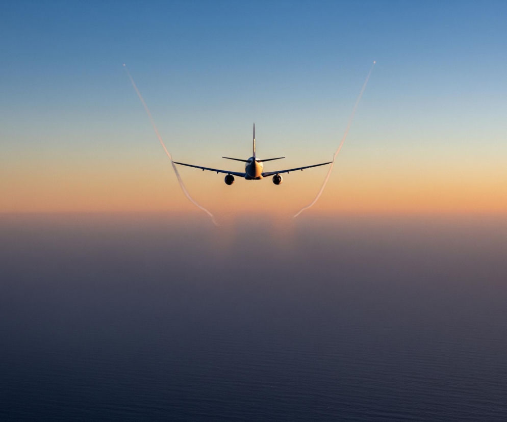 Samolot pasażerski o białym kadłubie i ciemnych skrzydłach, z widocznymi silnikami, leci na wprost obserwatora na tle rozległego nieba, które przechodzi od błękitu na górze do jasnopomarańczowego przy horyzoncie. Za skrzydłami maszyny ciągną się dwa białe smugi kondensacyjne, wygięte łukowato w górę. Dolna połowa obrazu ukazuje ciemnoniebieski, delikatnie pofalowany ocean, nad którym unosi się lekka, zamglona warstwa mgły, delikatnie rozmywająca linię horyzontu.