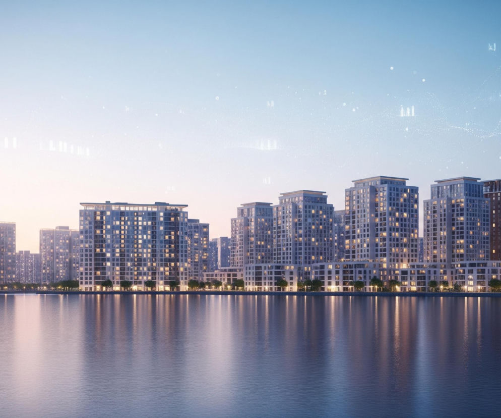 Panorama nowoczesnego miasta widziana z poziomu wody o zmierzchu. Na pierwszym planie rozciąga się ciemnoniebieska woda jeziora lub rzeki, z licznymi, wydłużonymi odbiciami świateł z budynków na brzegu. Nad wodą, wzdłuż horyzontu, wznosi się szereg wysokich, wielopiętrowych bloków mieszkalnych o szaro-brązowych fasadach. Wiele okien w budynkach świeci ciepłym, żółtym światłem, tworząc kontrast z ogólnym, chłodnym odcieniem zmierzchu. Tuż przed budynkami widoczny jest wąski pas zieleni z rzędem drzew i latarni miejskich, których światło również odbija się w wodzie. Niebo nad miastem ma łagodny gradient kolorów, przechodzący od jasnego, prawie białego odcienia nad horyzontem, do błękitu w górnej części kadru. W górnej części nieba rozsiane są delikatne, jasne punkty i smugi, przypominające cyfrowe dane lub gwiazdy.